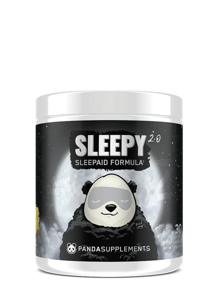 Container of Panda Supps Sleepy 2.0 Sleep aid formula with honey lemon tea flavor, featuring an illustration of a panda on the label.