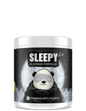 Container of Panda Supps Sleepy 2.0 Sleep aid formula with honey lemon tea flavor, featuring an illustration of a panda on the label.