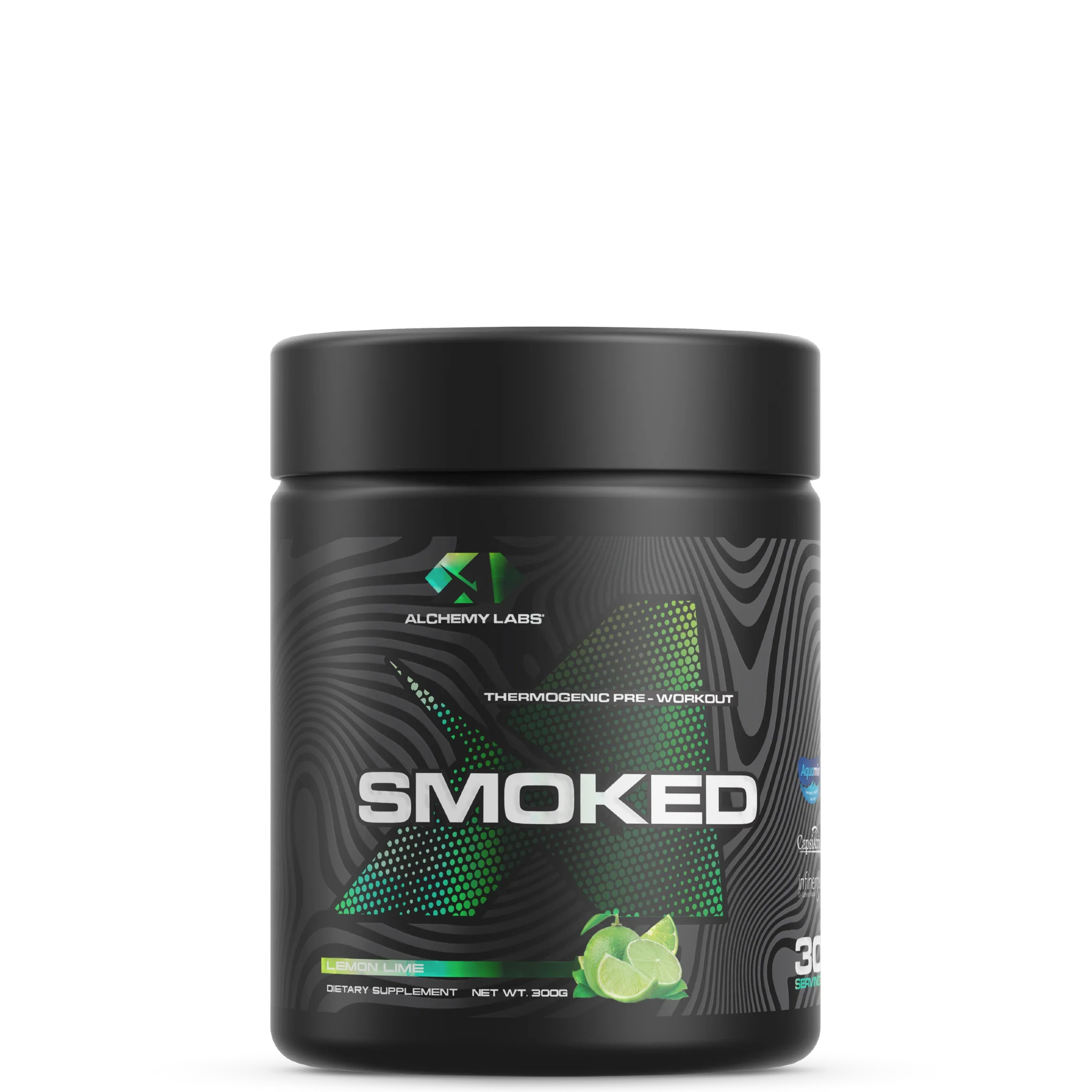 A container of SMOKED pre workout supplement by Alchemy Labs, with a black and green label.