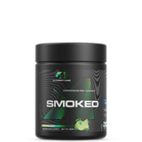 A container of SMOKED pre workout supplement by Alchemy Labs, with a black and green label.
