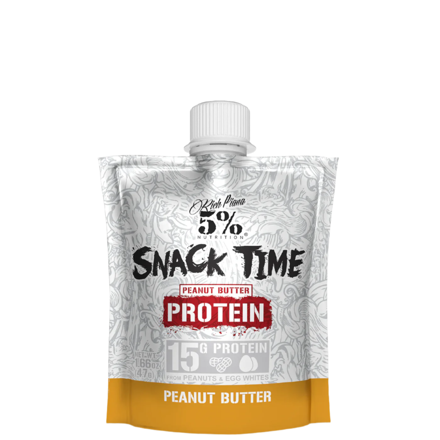 A pouch of 5% Nutrition Snack Time Protein in peanut butter flavor, with branding and nutritional information displayed.