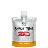 A pouch of 5% Nutrition Snack Time Protein in peanut butter flavor, with branding and nutritional information displayed.