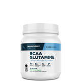 A container of Transparent Labs BCAA Glutamine supplement powder with a blue and white label indicating the product name and its benefits for muscle recovery.