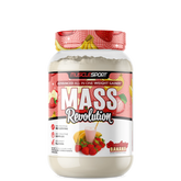 A container of MuscleSport Mass Revolution weight gainer in strawberry banana flavor.
