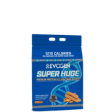 A package of Evogen Super Huge Mass Gainer, predominantly blue in color with an image of the product and text detailing the product's features.