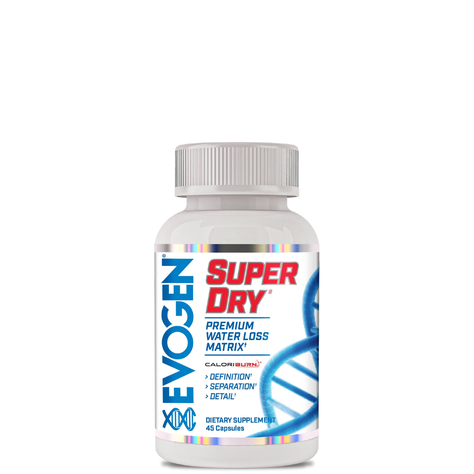 A bottle of Evogen Super Dry supplement, with branding and text indicating its use for water loss and body building support.