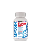 A bottle of Evogen Super Dry supplement, with branding and text indicating its use for water loss and body building support.