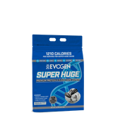 A package of Evogen Super Huge Mass Gainer, predominantly blue in color with an image of a vanilla ice cream cone on the front, indicating 1220 calories per serving.