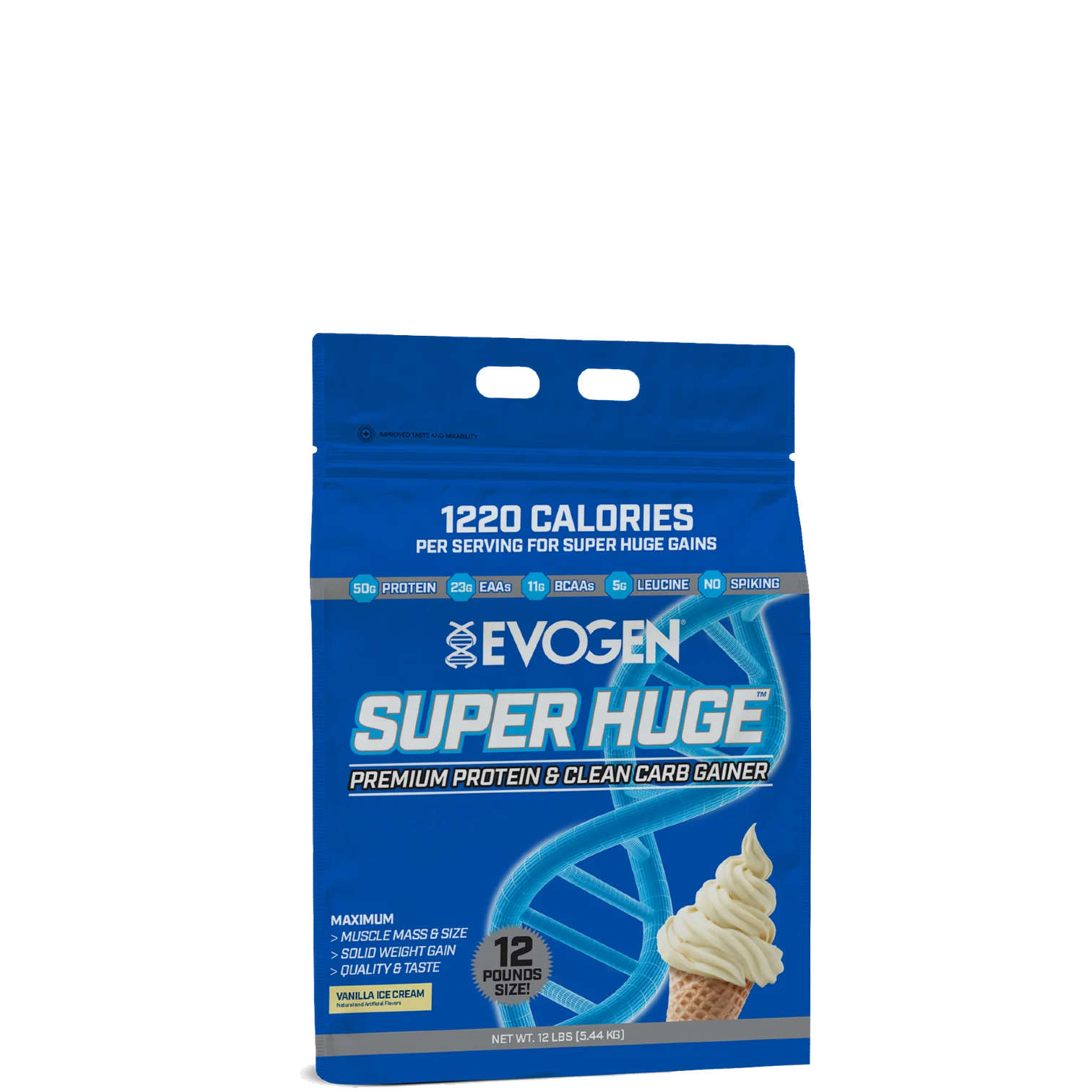 A package of Evogen Super Huge Mass Gainer, predominantly blue in color with an image of a vanilla ice cream cone on the front, indicating 1220 calories per serving.