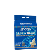 A package of Evogen Super Huge Mass Gainer, predominantly blue in color with an image of a vanilla ice cream cone on the front, indicating 1220 calories per serving.