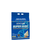 A package of Evogen Super Huge Mass Gainer, predominantly blue in color with an image of a vanilla ice cream cone on the front, indicating 1220 calories per serving.