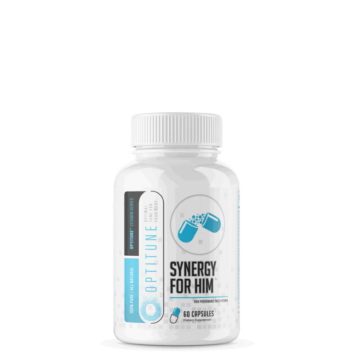 A bottle of Synergy for Him™ Multi Vitamin supplements with white labeling and blue accents.