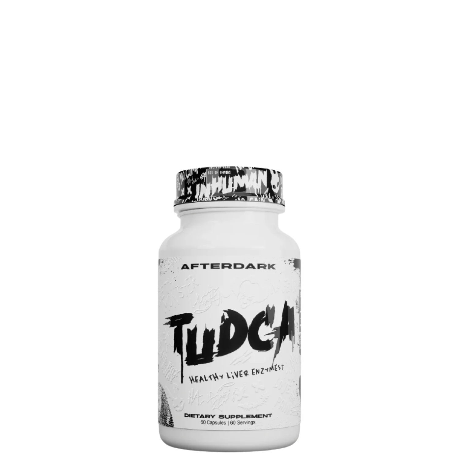 A white bottle of AFTERDARK TUDCA with black and green label, indicating it is a dietary supplement for liver support and detox.