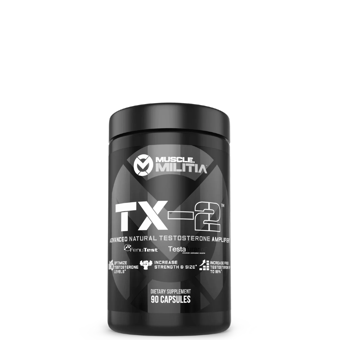 A container of TX-2 supplement capsules by Muscle Militia with graphics and text indicating its purpose for muscle sport.