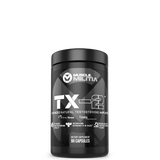 A container of TX-2 supplement capsules by Muscle Militia with graphics and text indicating its purpose for muscle sport.
