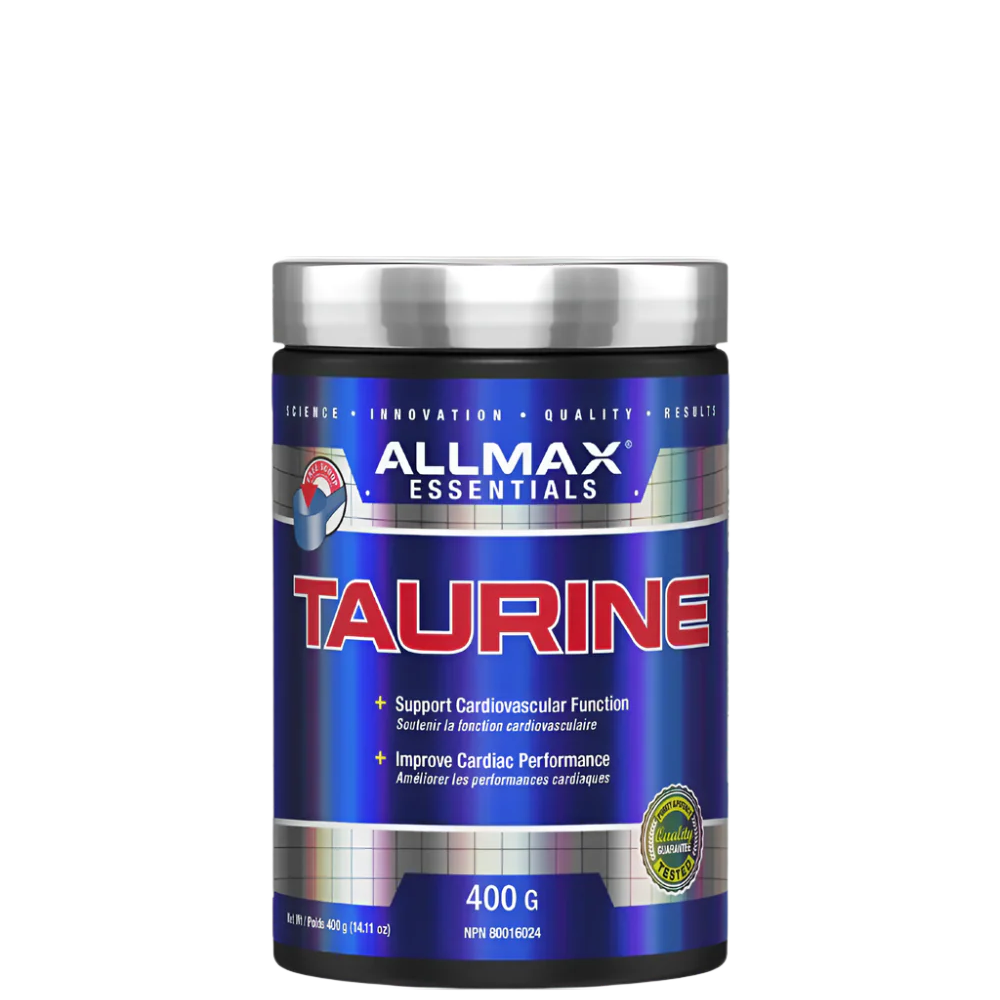 A container of ALLMAX Essentials Taurine, which is a white crystalline powder, with a label indicating 400g size and uses for supporting cardiovascular function and improving cardiac performance.