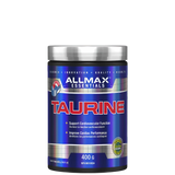A container of ALLMAX Essentials Taurine, which is a white crystalline powder, with a label indicating 400g size and uses for supporting cardiovascular function and improving cardiac performance.