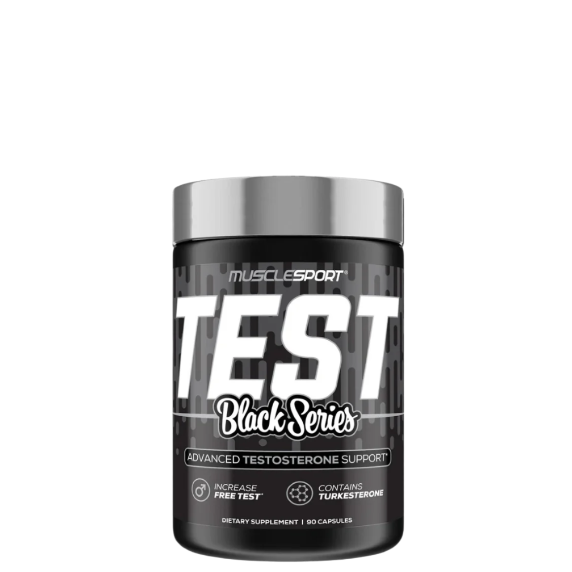 A container of MuscleSport Test Black Series, which is a supplement for testosterone support.