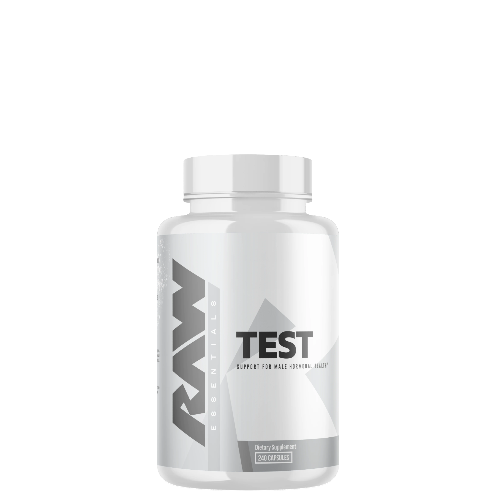 A bottle of Raw Nutrition Testosterone booster supplement with a white label and silver cap.