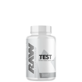 A bottle of Raw Nutrition Testosterone booster supplement with a white label and silver cap.