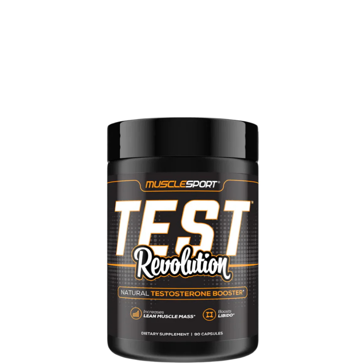 A container of MuscleSport Test Revolution natural testosterone booster supplement.