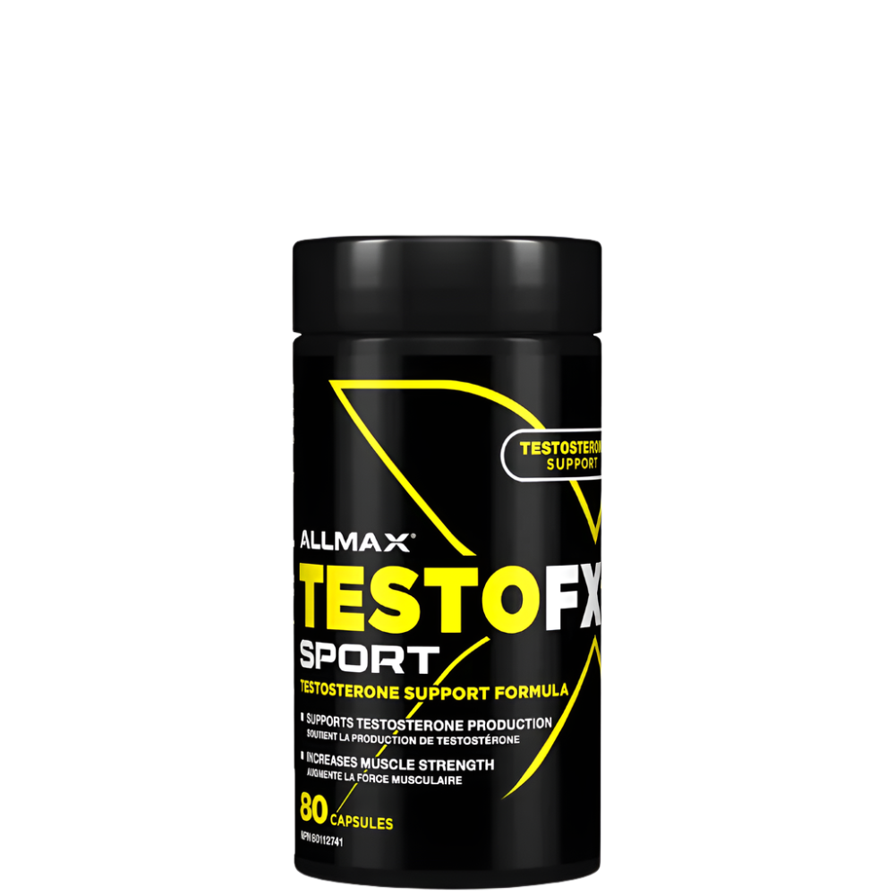 A container of Allmax Nutrition TESTOFX SPORT testosterone support formula, which is black and yellow with white text.