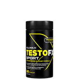 A container of Allmax Nutrition TESTOFX SPORT testosterone support formula, which is black and yellow with white text.
