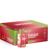A packaged product labeled Thavage RTD Pre-workout, with branding and product information displayed.