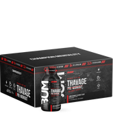 A packaged product labeled Thavage RTD Pre-workout, with branding and product information displayed.