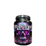 A container of 'The Kitchen Sink Pre Intra Post Workout' supplement with a colorful design featuring a skull