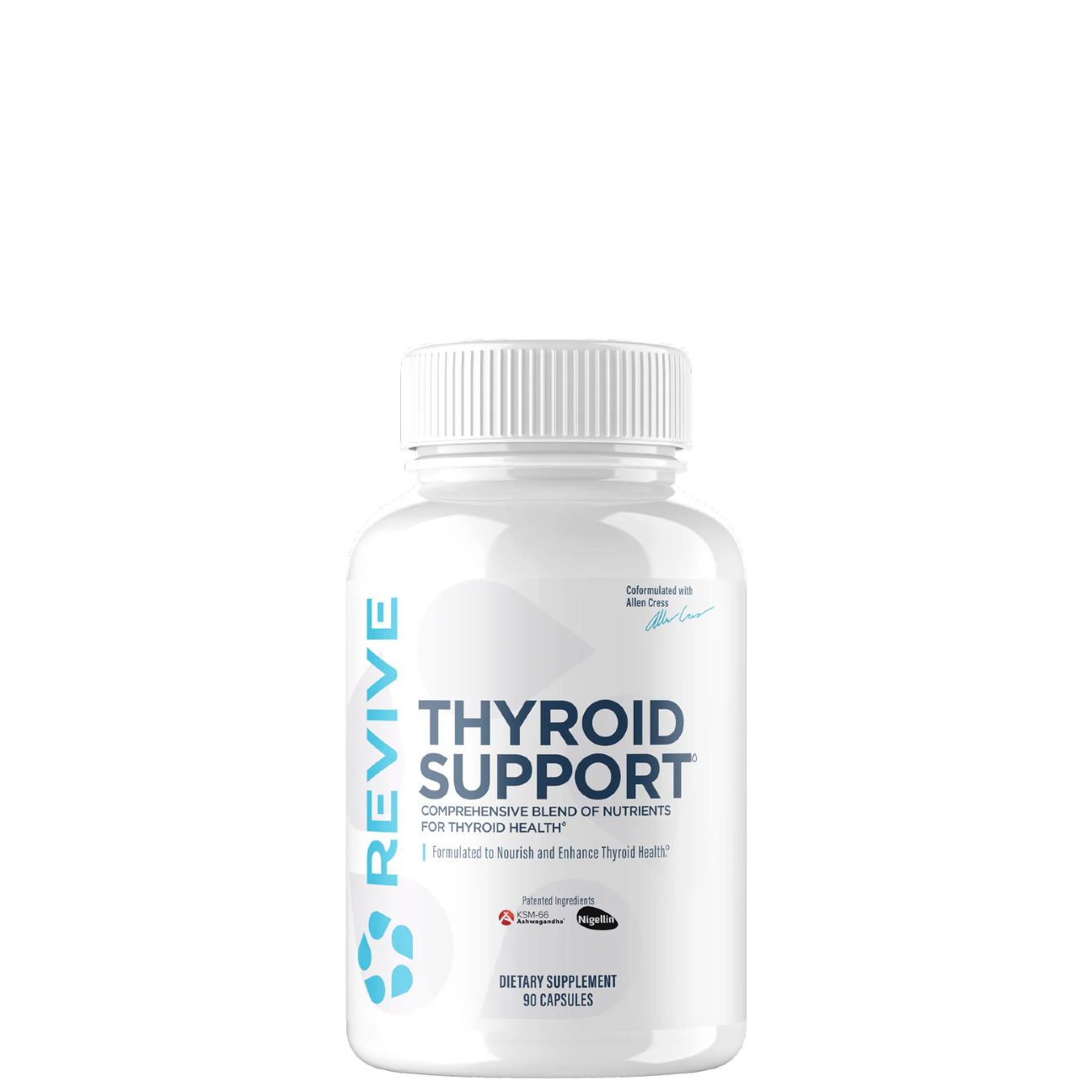 A bottle of Revive Supplements Thyroid Support, which is a white pill bottle with a label that has the brand and product name, along with a blue and green design element.