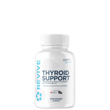 A bottle of Revive Supplements Thyroid Support, which is a white pill bottle with a label that has the brand and product name, along with a blue and green design element.