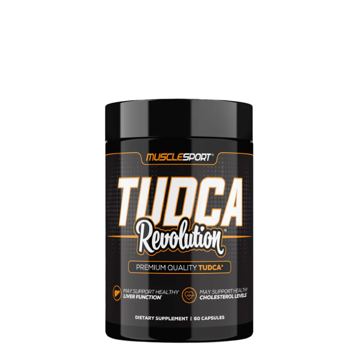 A container of MuscleSport TUDCA Revolution dietary supplement with 90 capsules, predominantly black and orange in color.