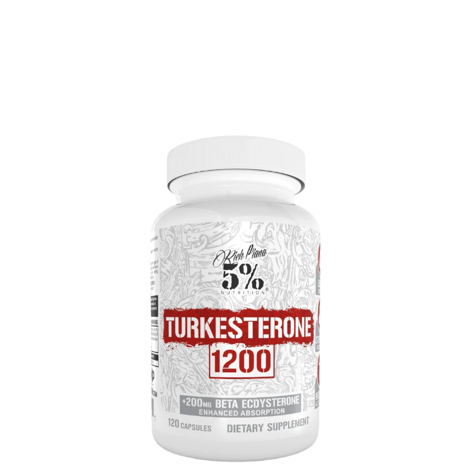 A bottle of 5% Nutrition Turkesterone 1200 supplement with white and red label.