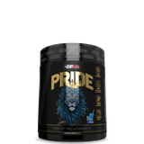 A container of PRIDE Pre-Workout supplement with a black and gold color scheme featuring a lion graphic.