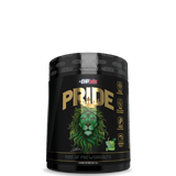 A container of PRIDE Pre-Workout supplement with a black and gold color scheme featuring a lion graphic.