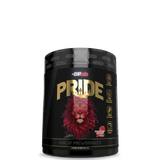 A container of PRIDE Pre-Workout supplement with a black and gold color scheme featuring a lion graphic.