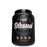 A black plastic tub labeled 'Blessed Plant Protein' by EHP Labs, indicating it is a vegan-friendly pure golden pea protein isolate.