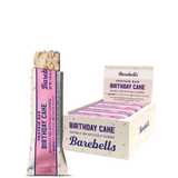 A box of Barebells protein bars in Cookies & Cream flavor, displaying the bar and packaging with branding and product information.