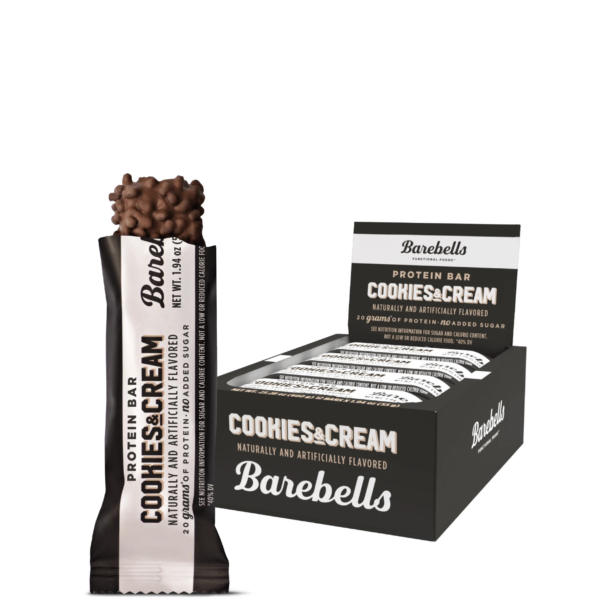 A box of Barebells protein bars in Cookies & Cream flavor, displaying the bar and packaging with branding and product information.