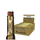 A box of Barebells protein bars in Cookies & Cream flavor, displaying the bar and packaging with branding and product information.