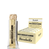 A box of Barebells protein bars in Cookies & Cream flavor, displaying the bar and packaging with branding and product information.