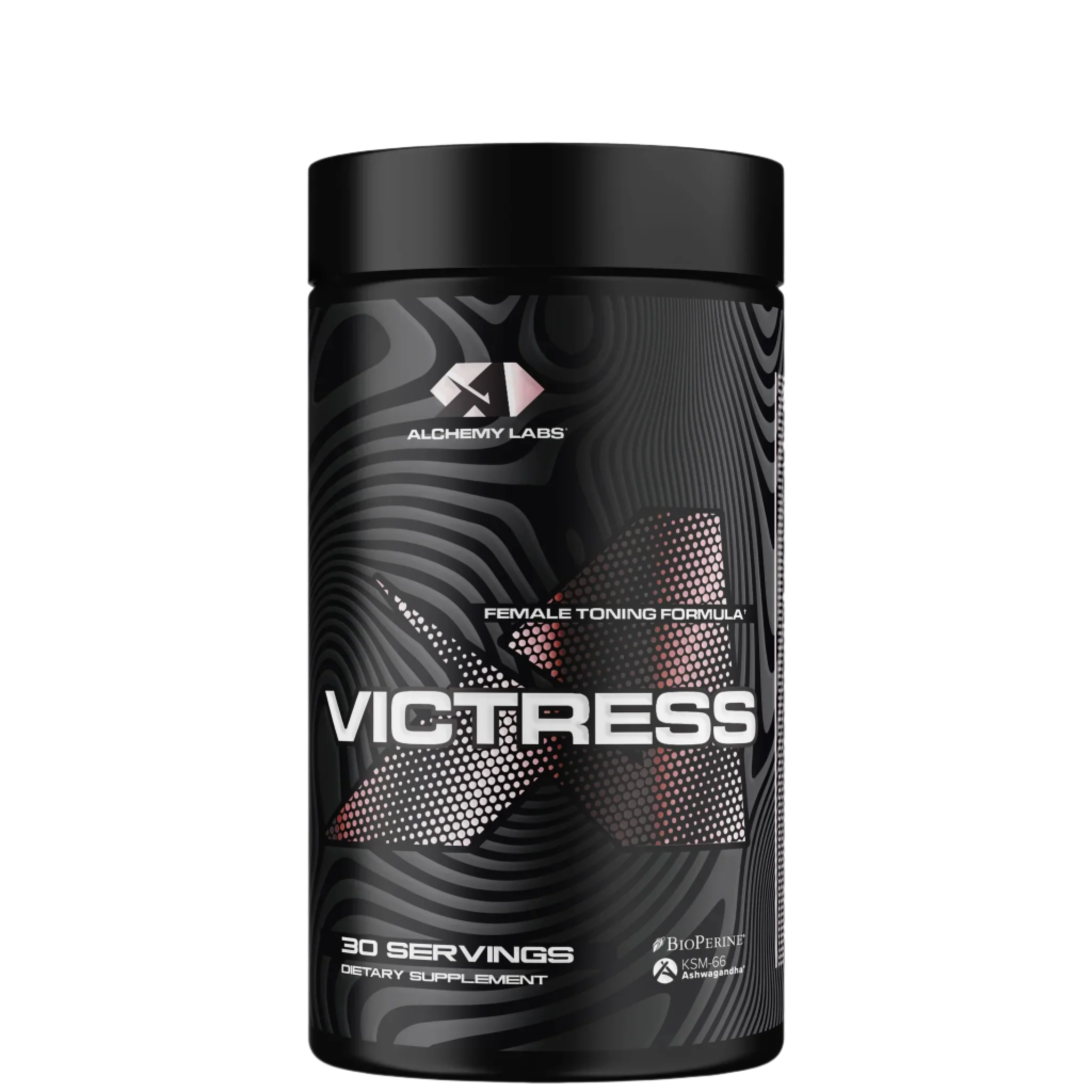 A container of VICTRESS supplement by Alchemy Labs with a black and silver design, labeled as a female toning formula with 30 servings.