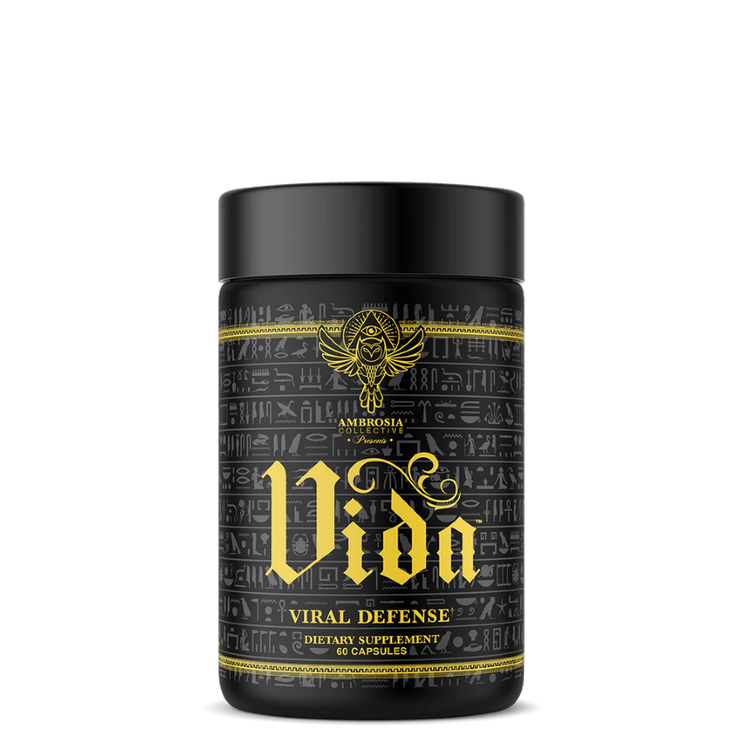 A black cylindrical container with gold and yellow text and graphics, labeled 'Vida' and 'Viral Defense'.