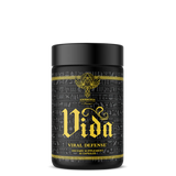 A black cylindrical container with gold and yellow text and graphics, labeled 'Vida' and 'Viral Defense'.