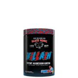 A container of VILLAIN High-Stim Nootropic Pre-Workout supplement with a predominantly red and black design, featuring the product name and the phrase 'Potent Aggression Ignitor'.