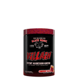 A container of VILLAIN High-Stim Nootropic Pre-Workout supplement with a predominantly red and black design, featuring the product name and the phrase 'Potent Aggression Ignitor'.