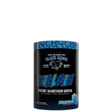 A container of VILLAIN High-Stim Nootropic Pre-Workout supplement with a predominantly red and black design, featuring the product name and the phrase 'Potent Aggression Ignitor'.