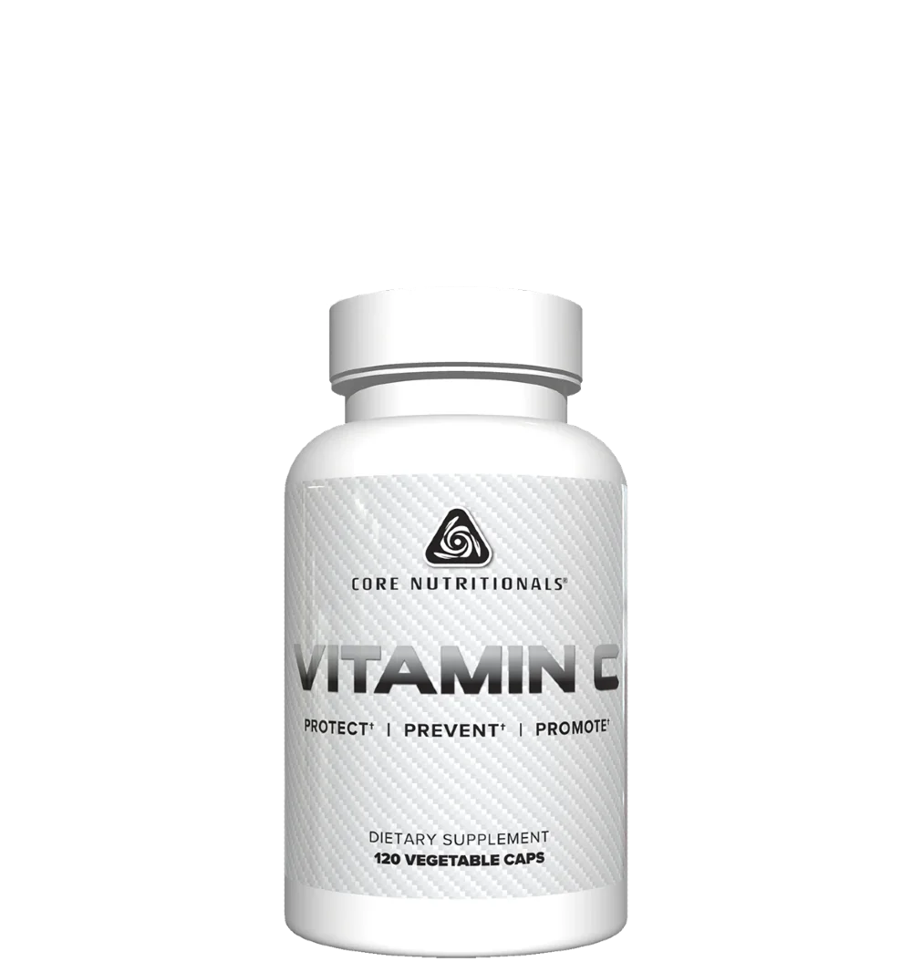 A bottle of Core Nutritionals Vitamin C supplements with a white label on a plain background.