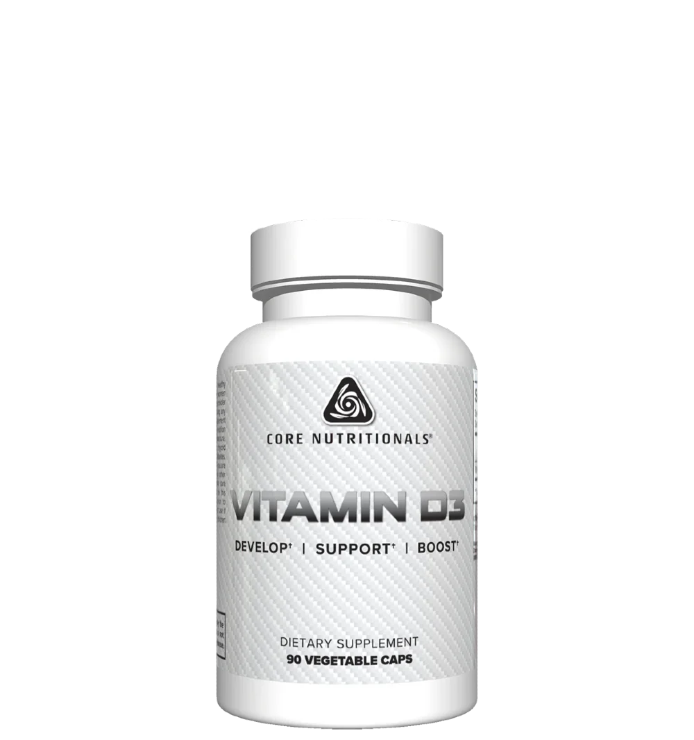 A bottle of Core Nutritionals' Vitamin D3 dietary supplement with 90 vegetable capsules.